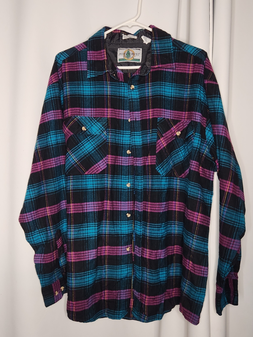 Vintage Northwest Black Teal and Purple Plaid Button-Down Shirt